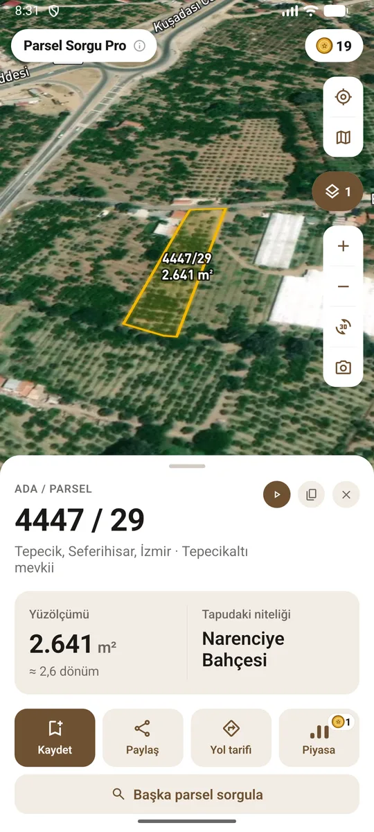 Uydu haritasında sarı parsel sınırı